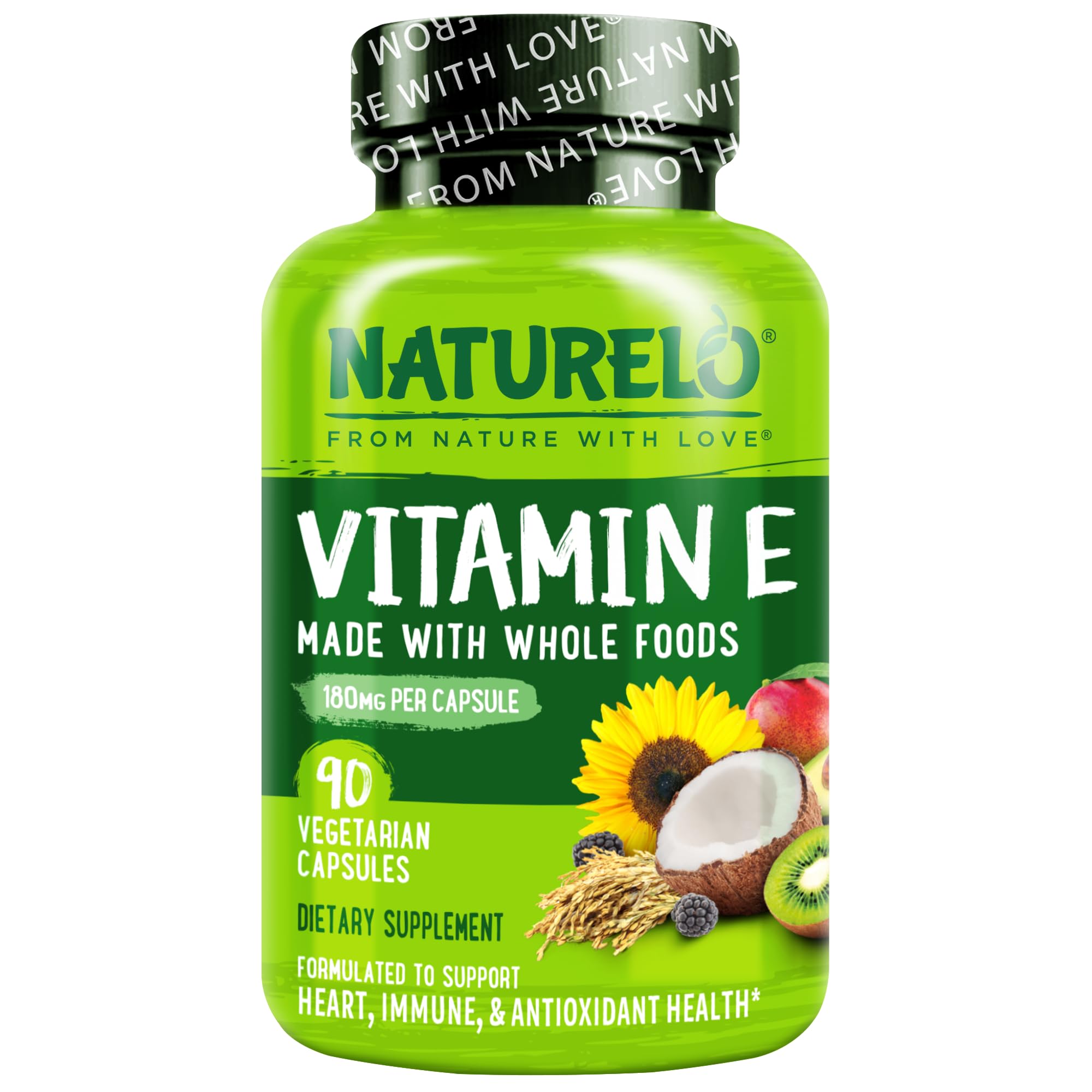 Naturelo Vitamina E: cápsulas vertiendo desde la botella, para el cuidado de la piel.