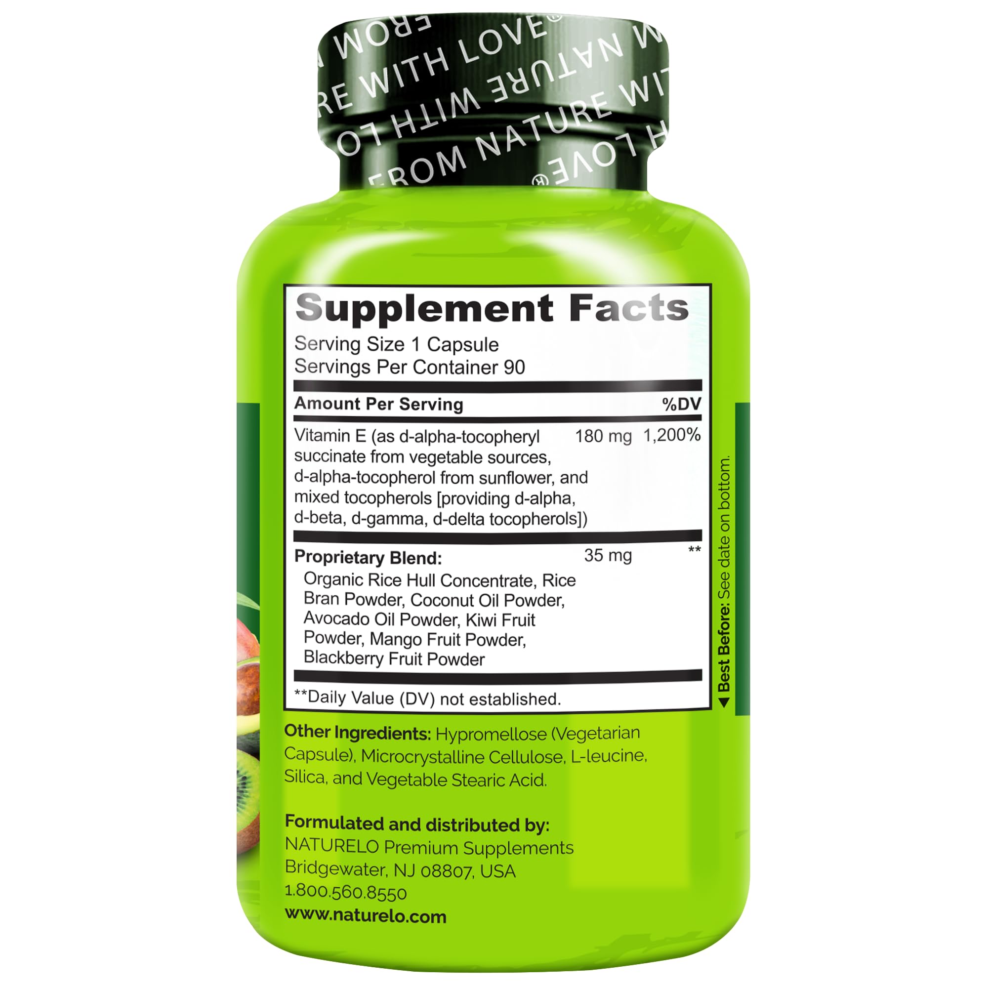 Naturelo Vitamina E: frasco de 90 cápsulas, fuente de tocoferoles.