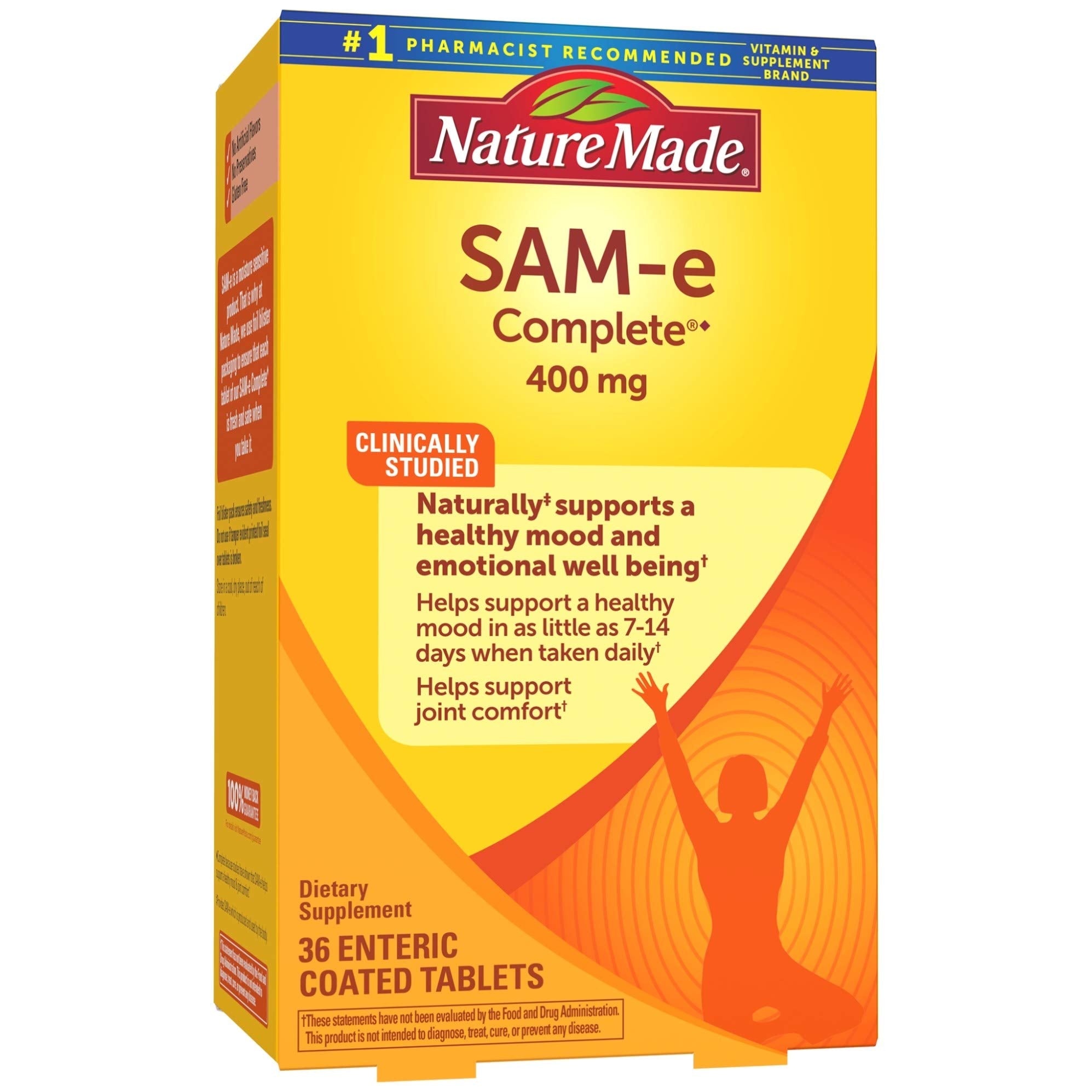 Nature Made SAM-e Complete: cápsulas 400 mg en frasco para uso diario.