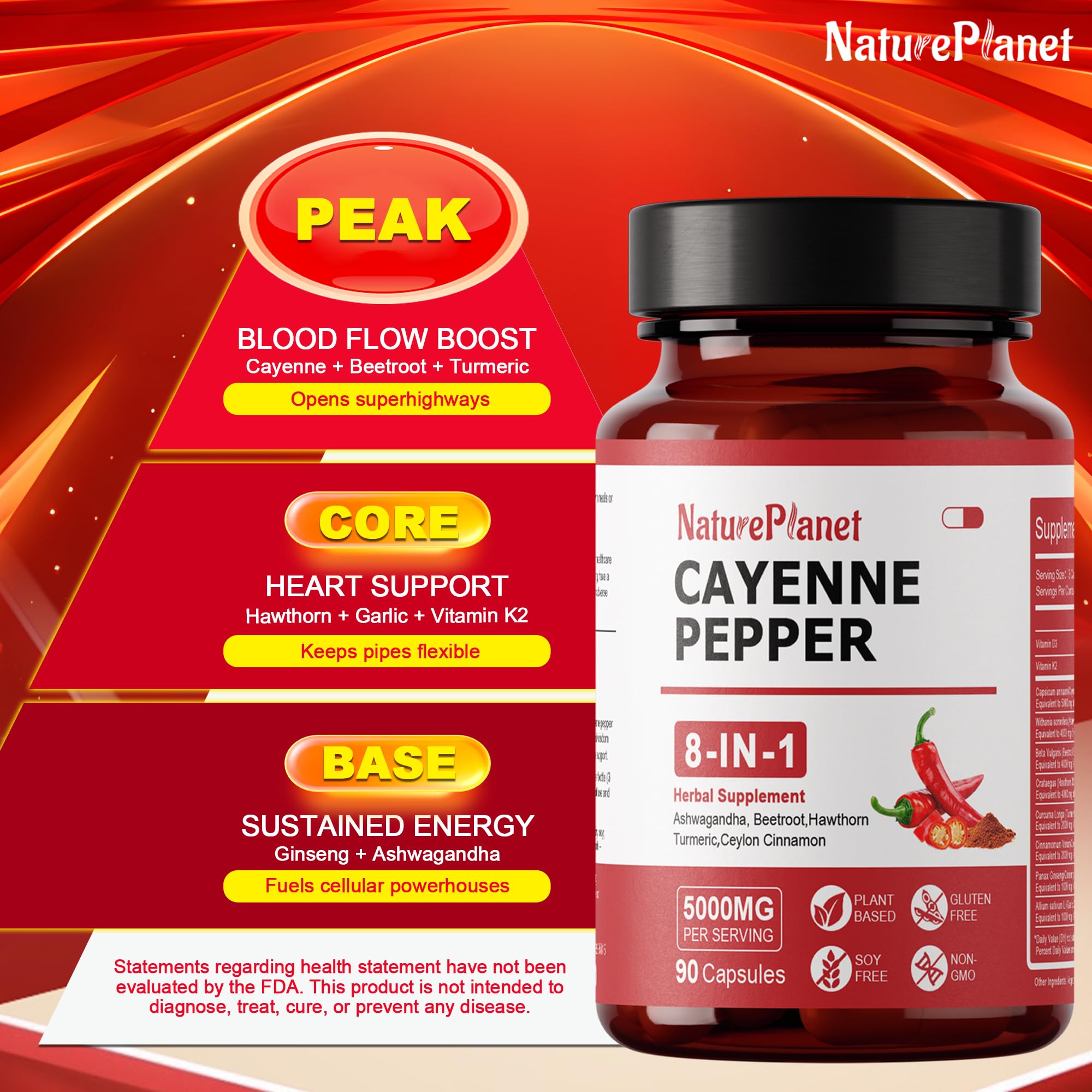Etiqueta NaturePlanet Vascu Flow con sello EE. UU. y fórmula 8 en 1 para bienestar diario