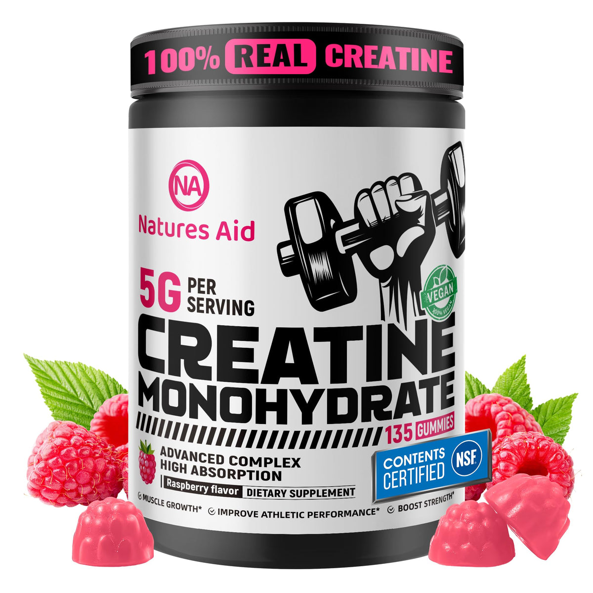 Natures Aid Creatine Gummy frente a la botella, potencia para entrenamientos.