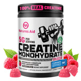 Natures Aid Creatine Gummy frente a la botella, potencia para entrenamientos.