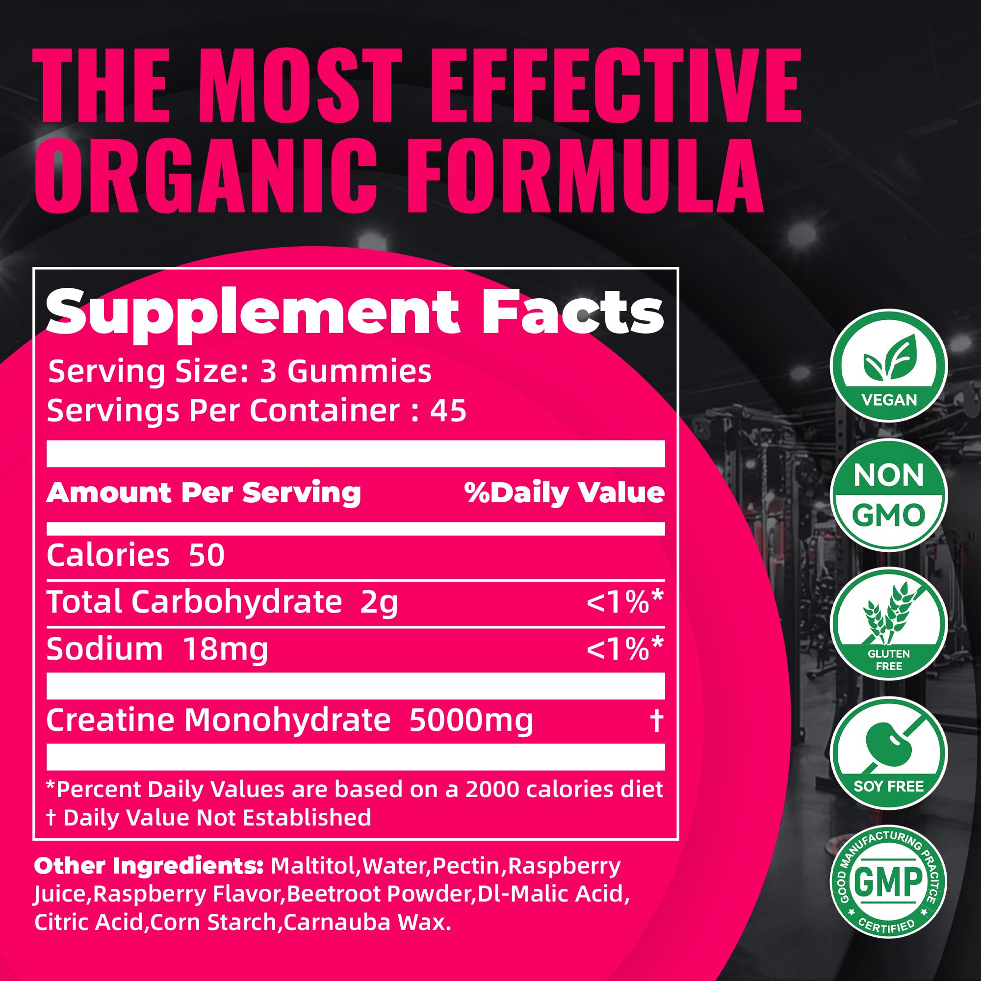 Natures Aid Creatine Gummy, etiqueta NSF certificada visible, garantía de calidad.