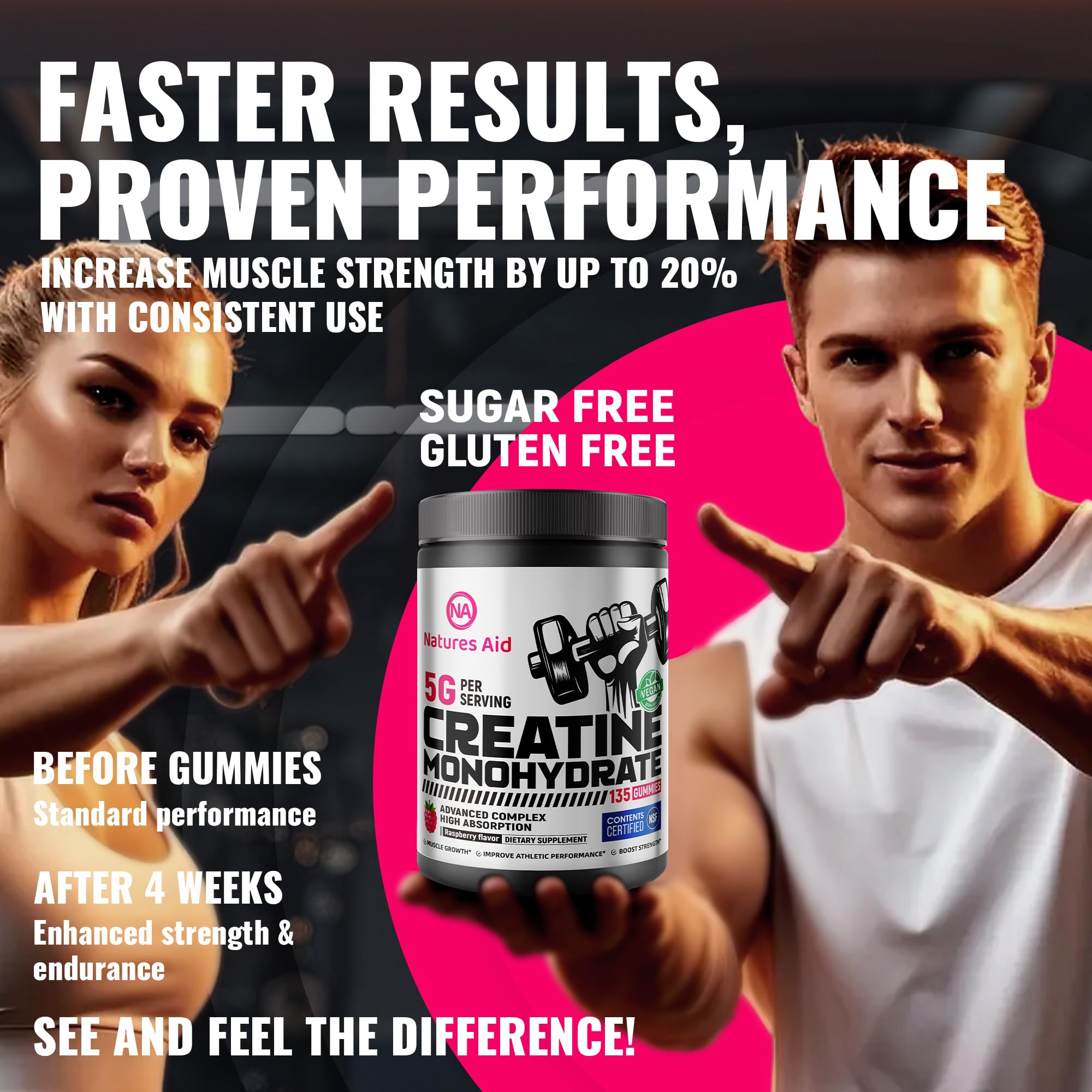 Natures Aid Creatine Gummy, formato 135 gomitas para uso continuo.