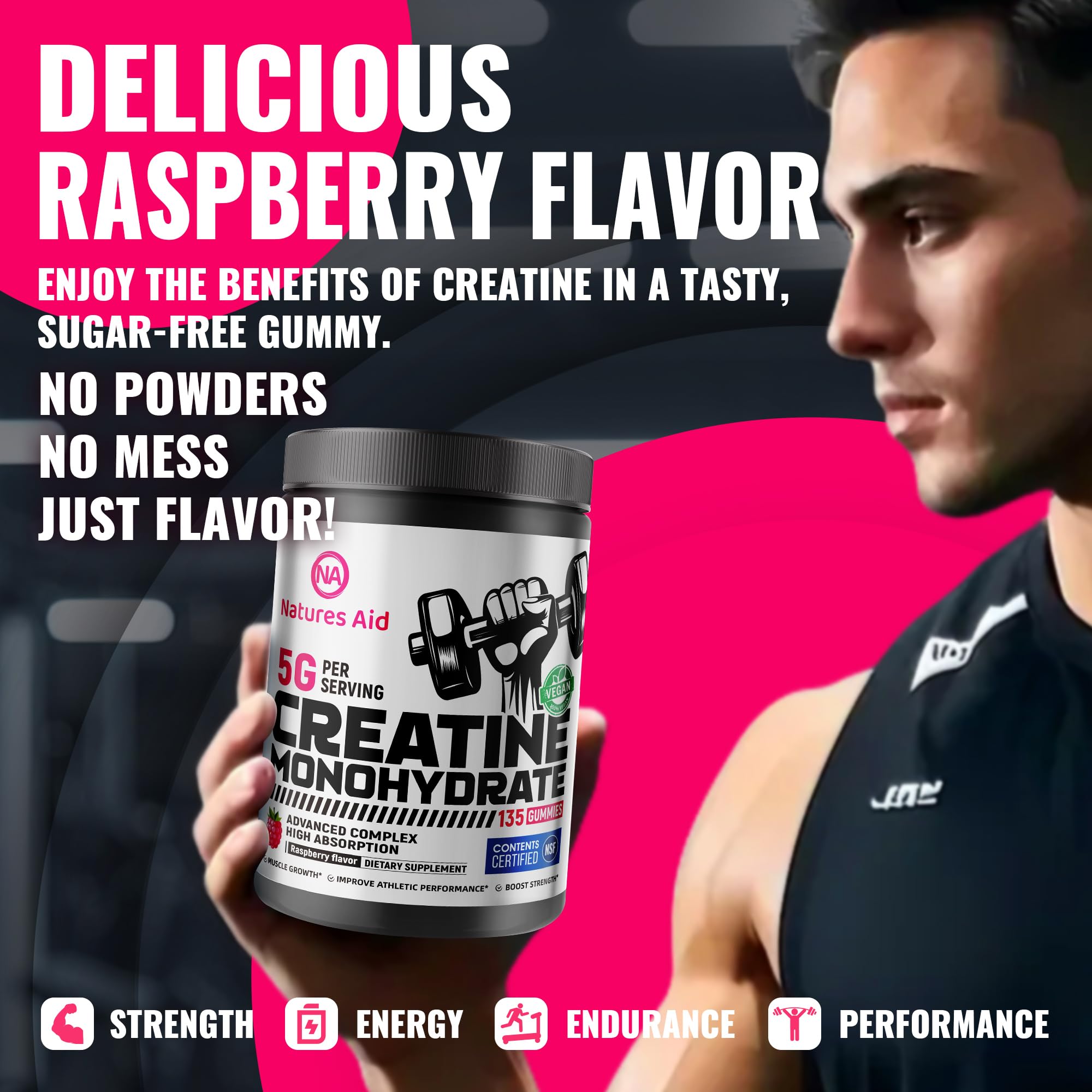 Natures Aid Creatine Gummy, recuperación muscular suave tras entreno.