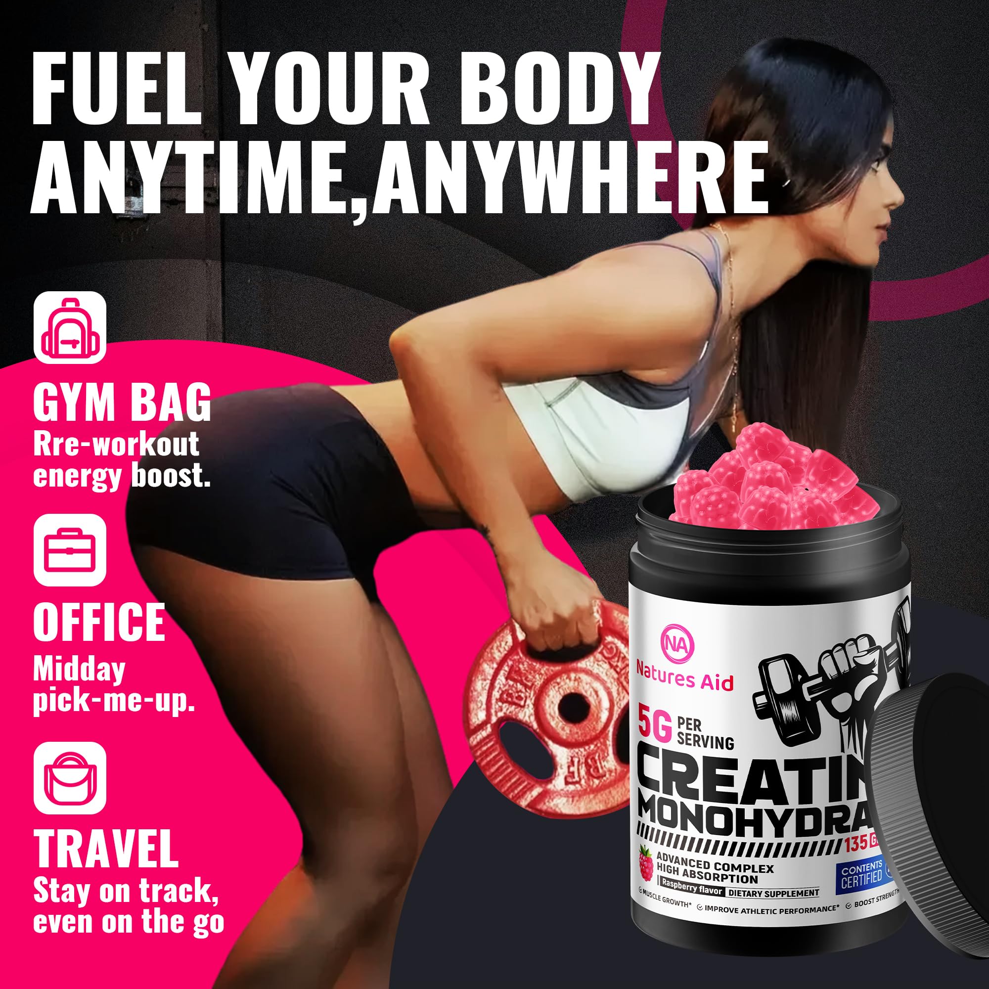 Natures Aid Creatine Gummy, sabor frambuesa para ingesta diaria.