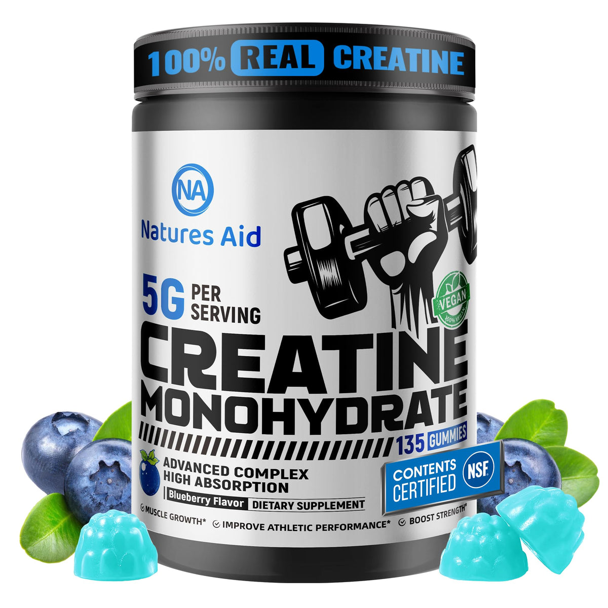 Natures Aid Gomitas de Creatina Monohidrato en botella 135, energía para entrenar.