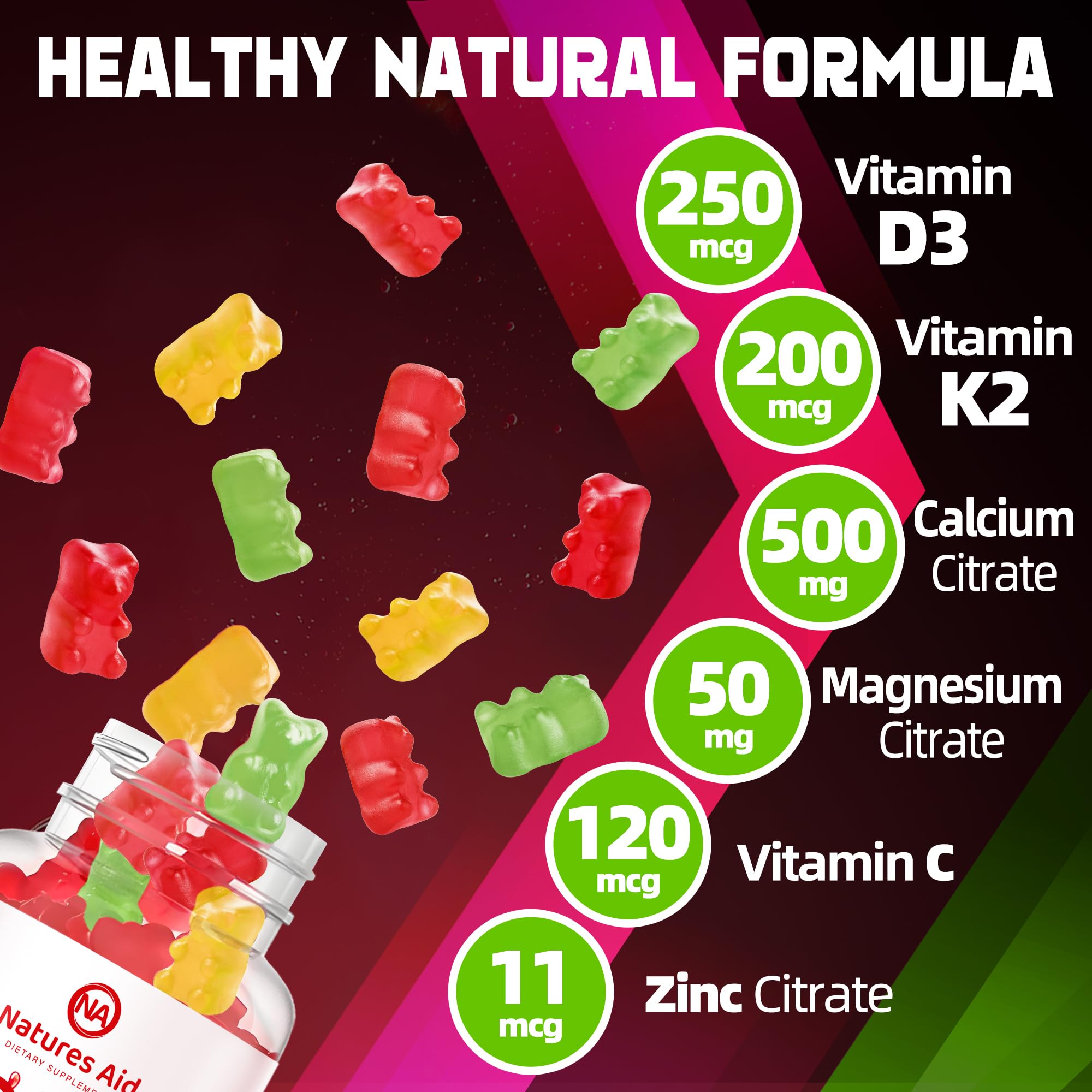 Etiqueta de Natures Aid gominolas D3K2: ingredientes clave para absorción
