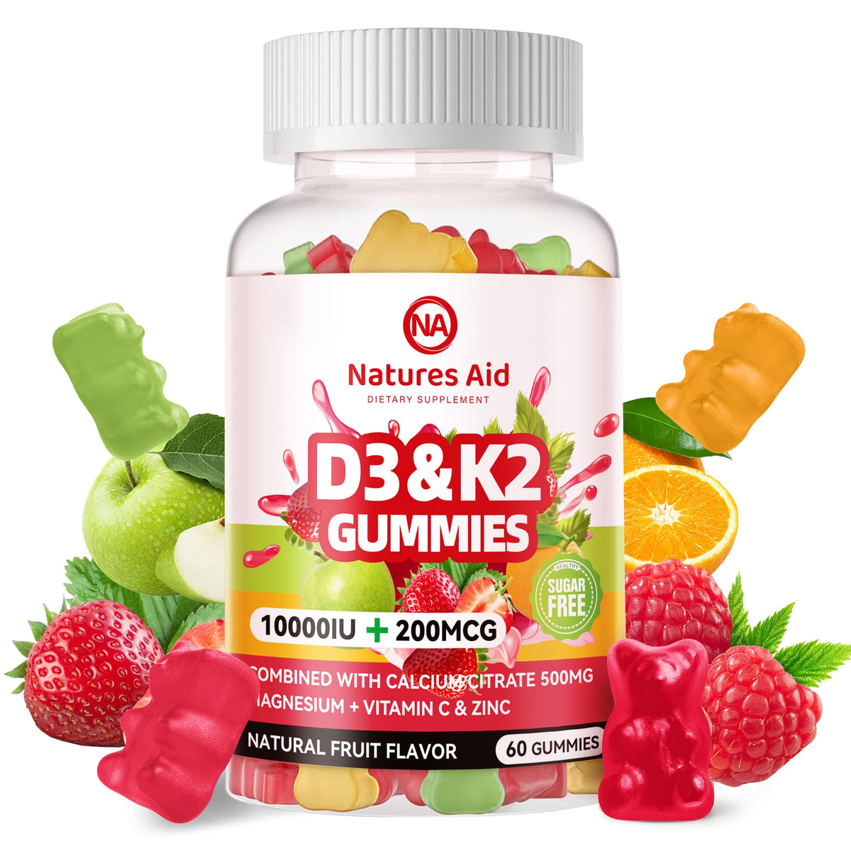 Natures Aid gominolas D3K2 sin azúcar frente: apoyo diario para huesos y dientes