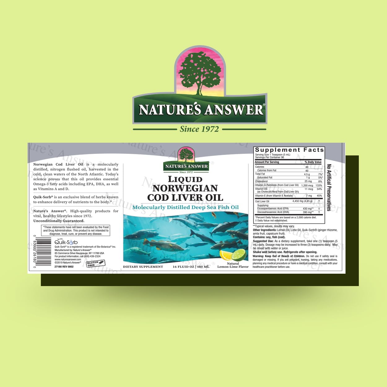 Nature's Answer etiqueta noruega destaca pureza y control de calidad del producto.