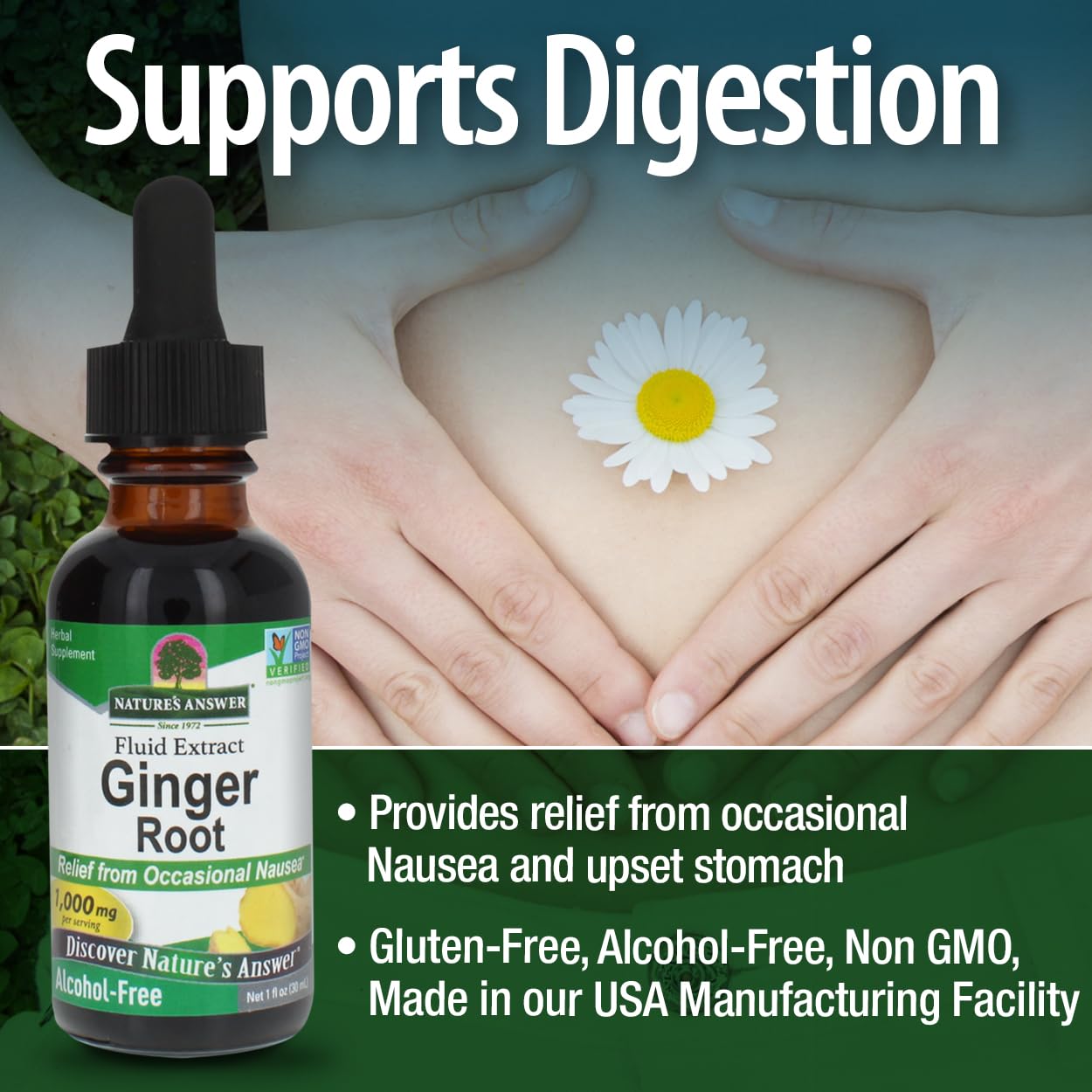 Nature's Answer etiqueta vegano, libre de OGM y sin gluten.
