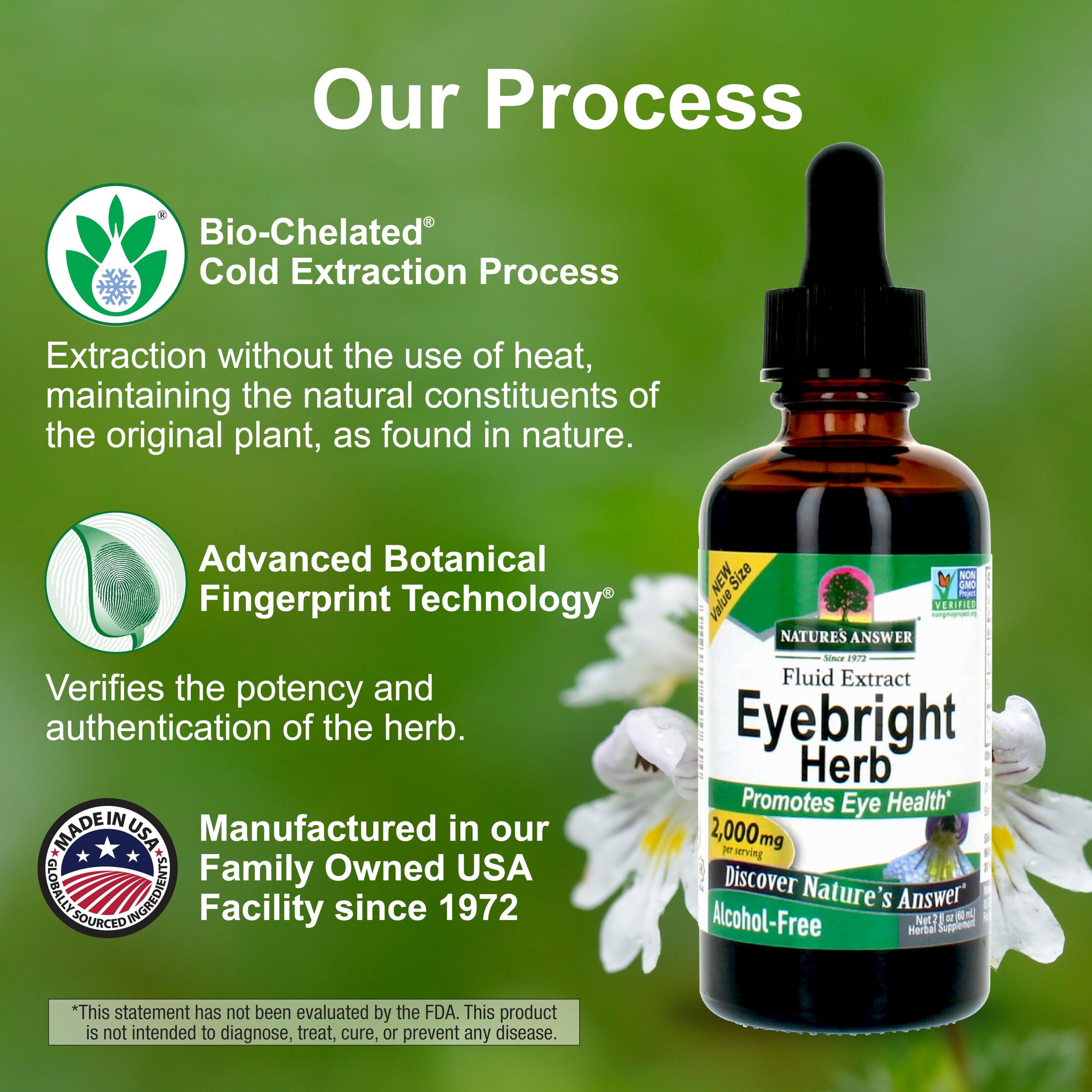 Nature's Answer Eyebright, fórmula sin alcohol, experiencia suave para la rutina diaria.