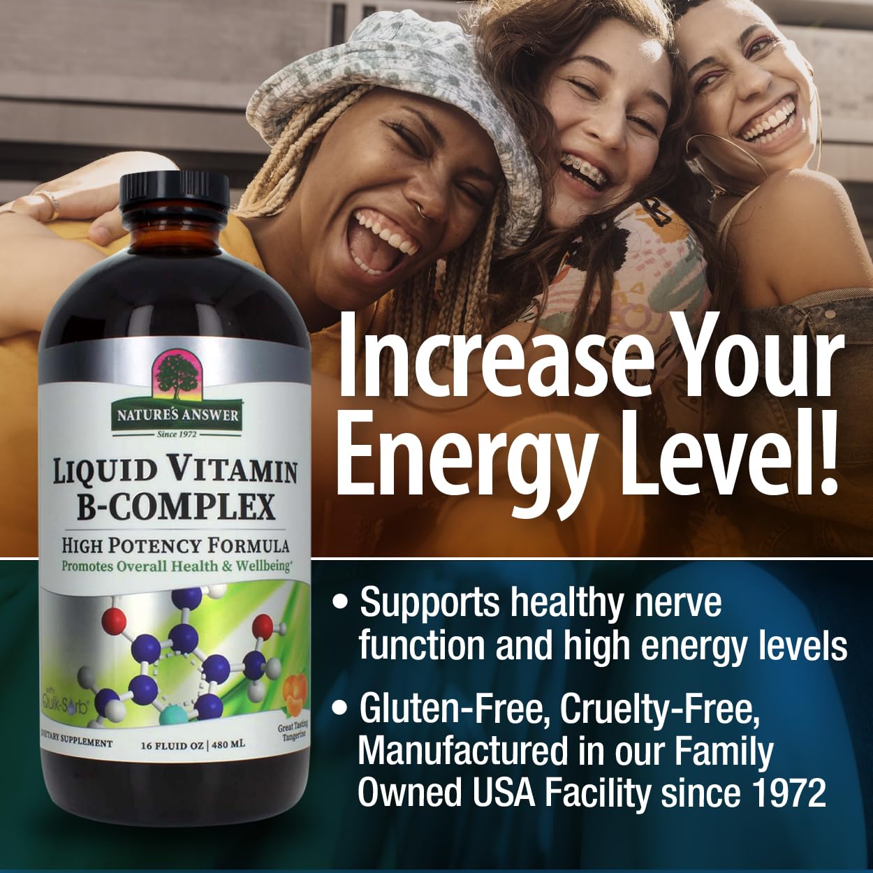 Nature's Answer Liquid Vitamin B-Complex, dispensing Quik-Sorb para absorción rápida.