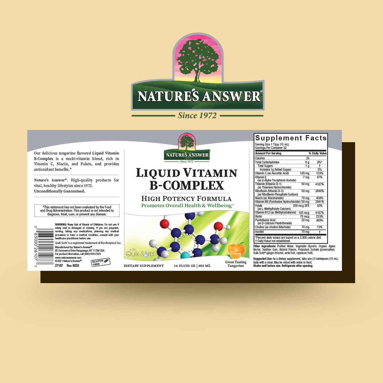 Nature's Answer Liquid Vitamin B-Complex, etiqueta naranja, sabor mandarina natural.