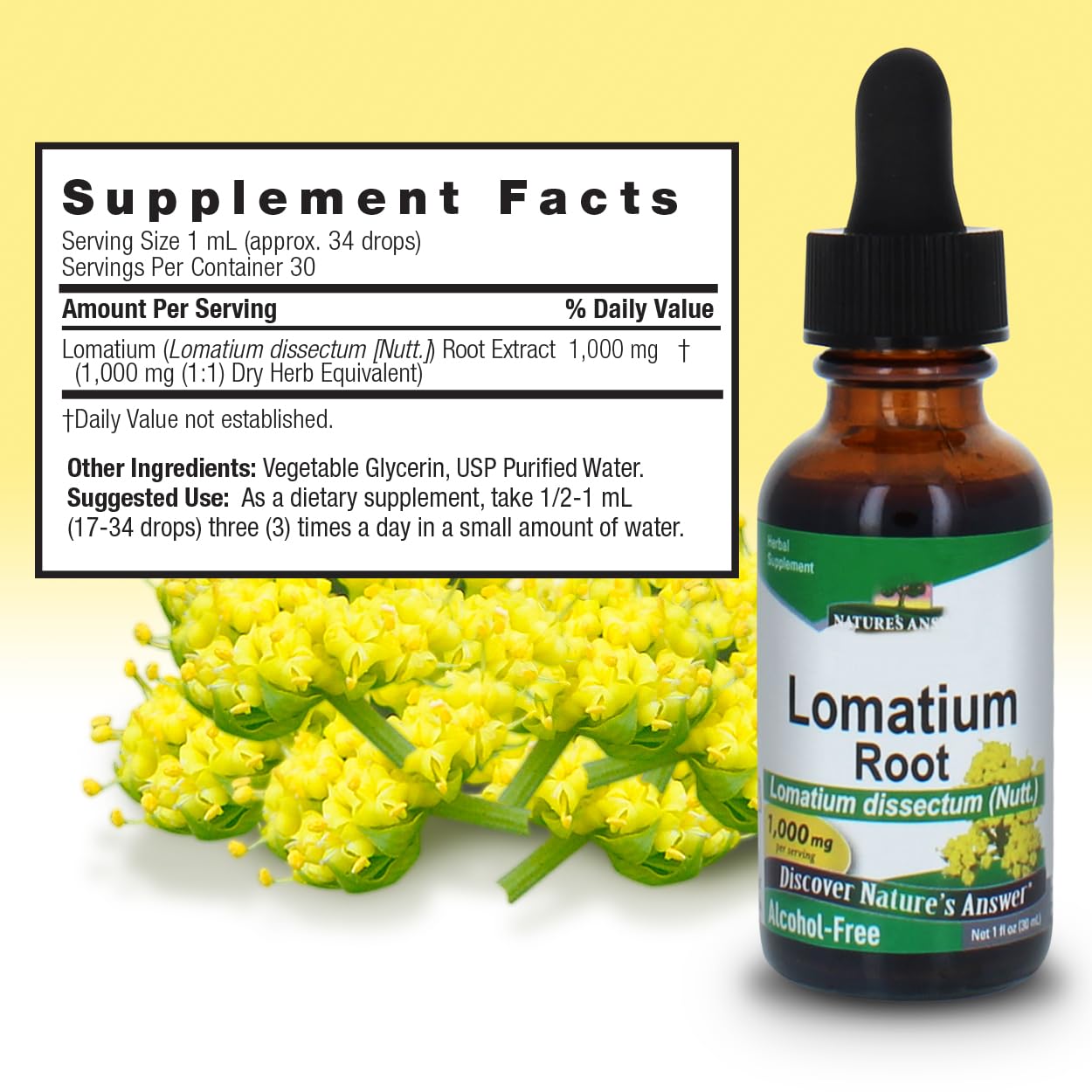 Nature's Answer Lomatium: frasco de 1000 mg con dosificación conveniente.