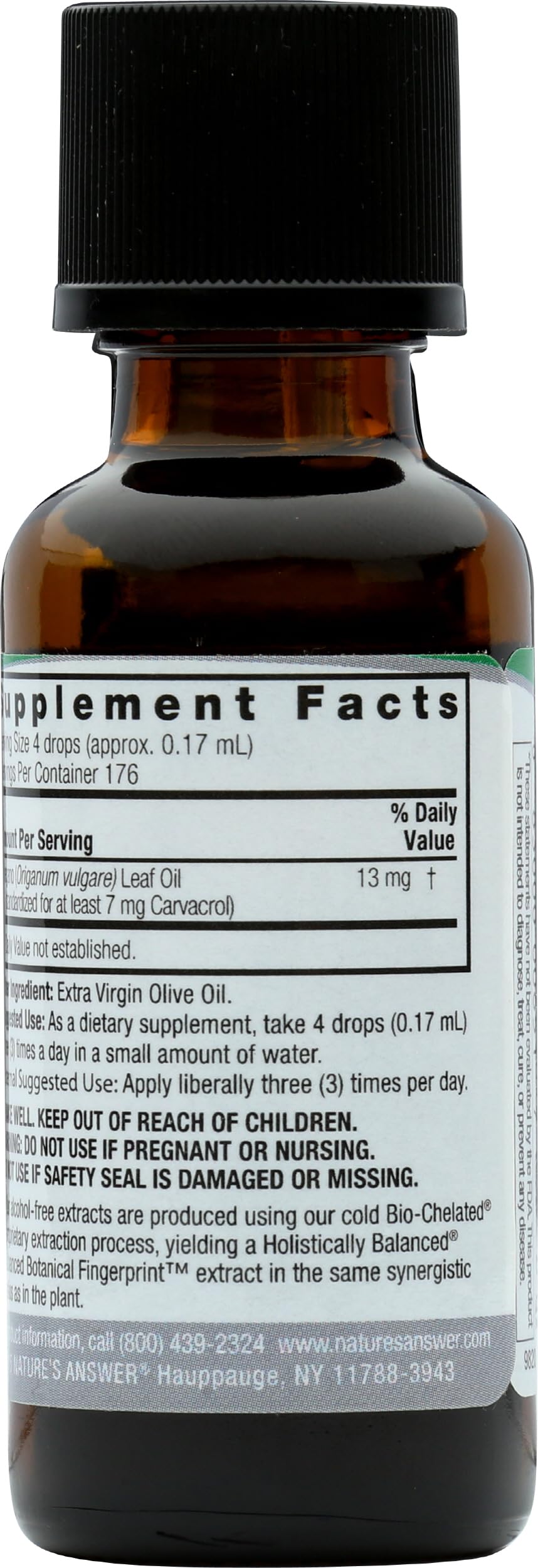 Nature's Answer oregano oil: etiqueta frontal identificando el aroma