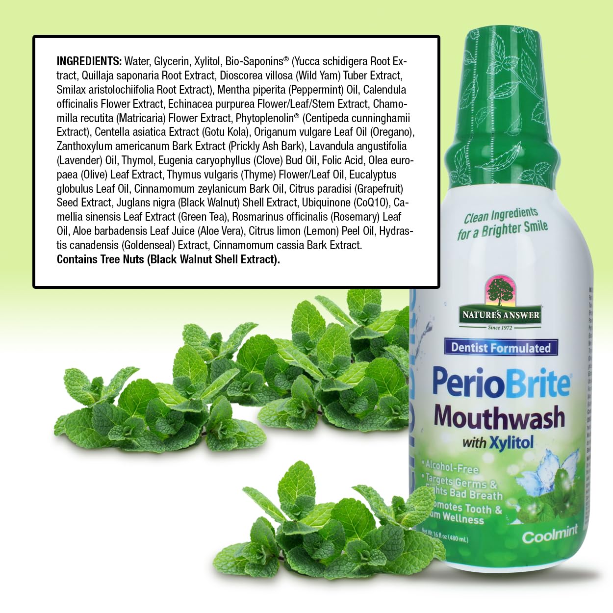 Nature's Answer Periobrite Cool Mint etiqueta: fórmula natural sin alcohol para uso diario.