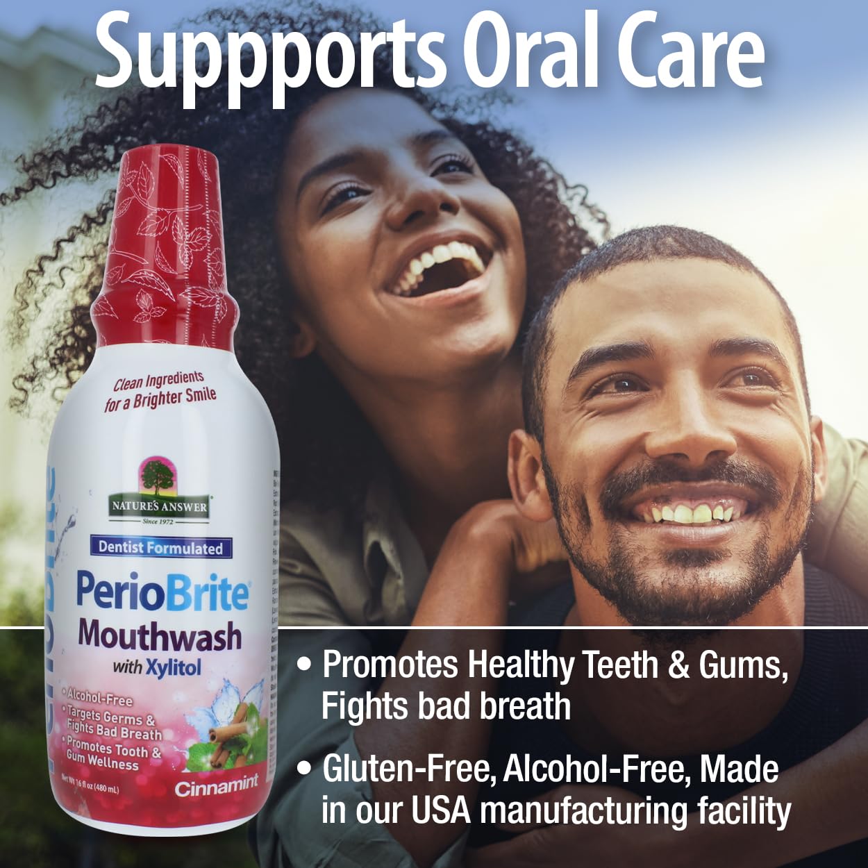 Ingredientes herbales aromáticos de PerioBrite para higiene bucal.