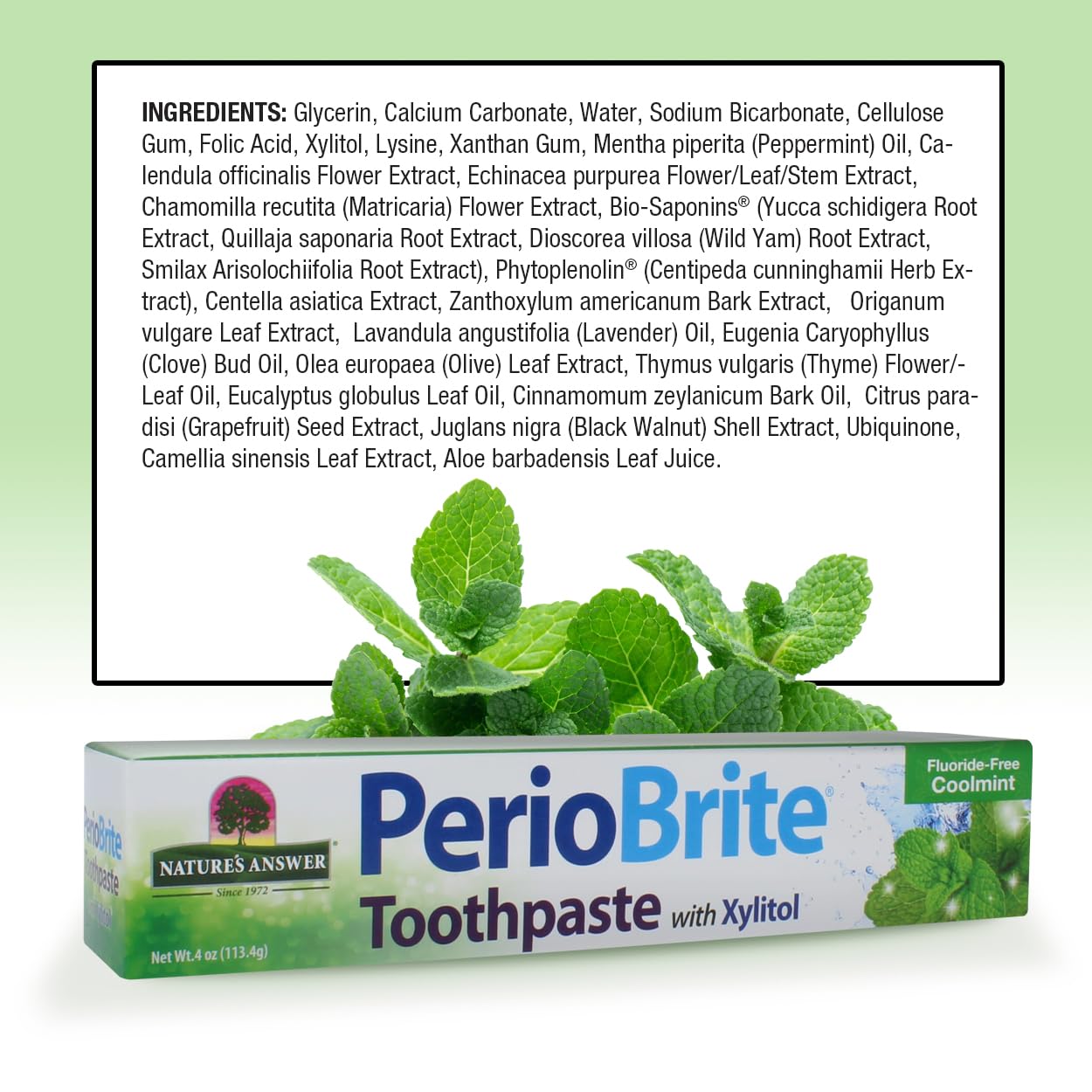 Ingredientes naturales de PerioBrite con CoQ10 y ácido fólico