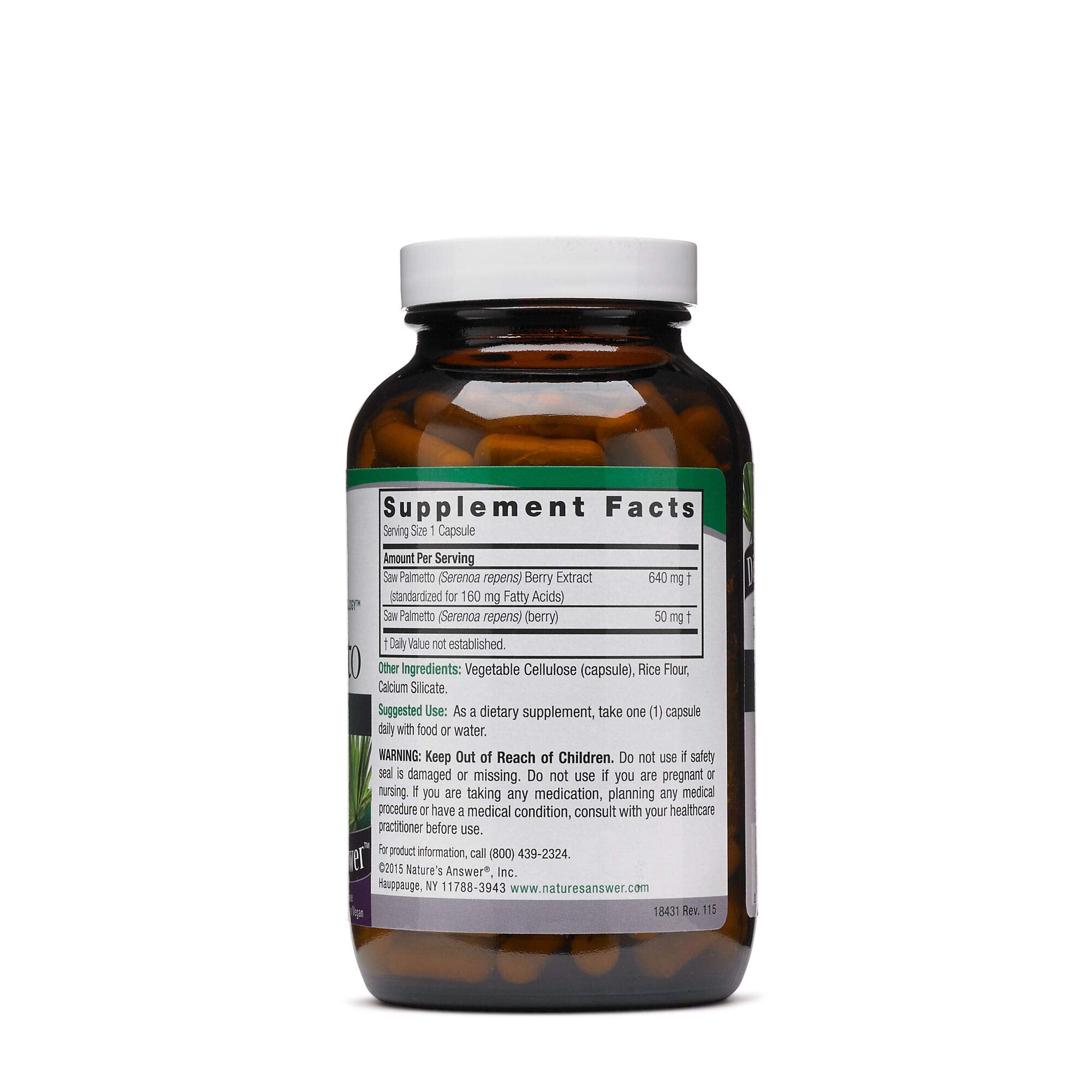 Nature's Answer Saw Palmetto Extract cápsulas, uso diario cómodo para bienestar.