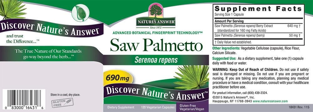 Etiqueta de Nature's Answer Saw Palmetto Extract: información clara y verificada.
