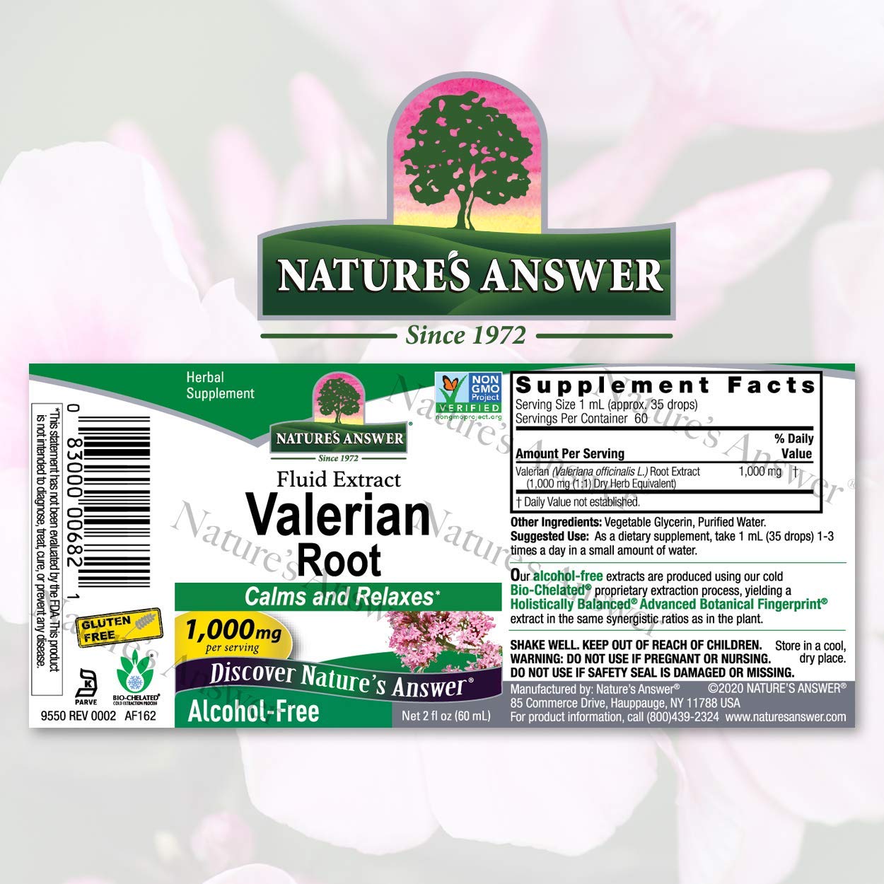 Nature's Answer Valeriana Root, etiqueta frontal, destaca ingredientes y usos.