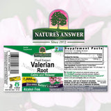 Nature's Answer Valeriana Root, etiqueta frontal, destaca ingredientes y usos.