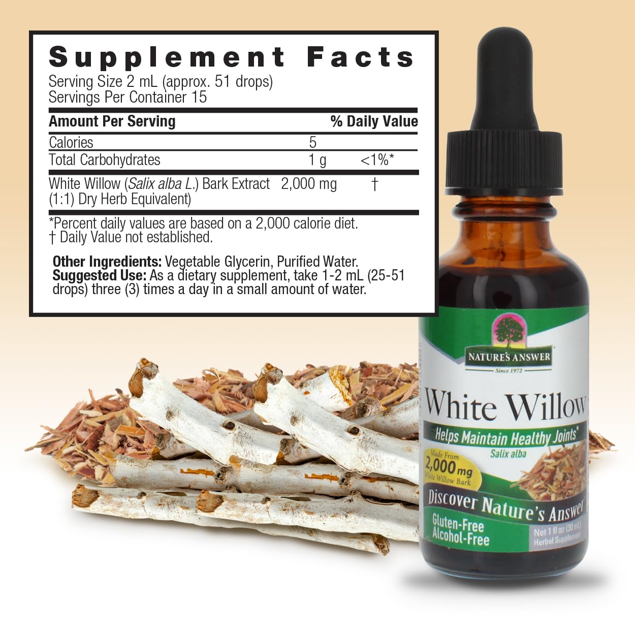 Nature's Answer White Willow Bark, hecho en EE. UU., apoyo a la movilidad.