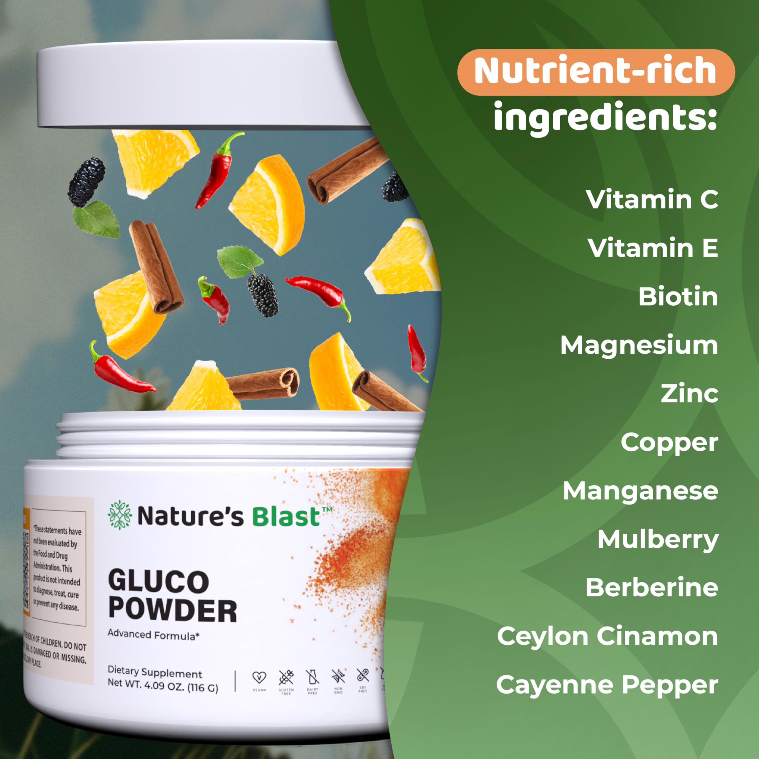 Etiqueta clara de NATURES BLAST Gluco-Powder con ingredientes naturales.