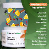 Etiqueta clara de NATURES BLAST Gluco-Powder con ingredientes naturales.