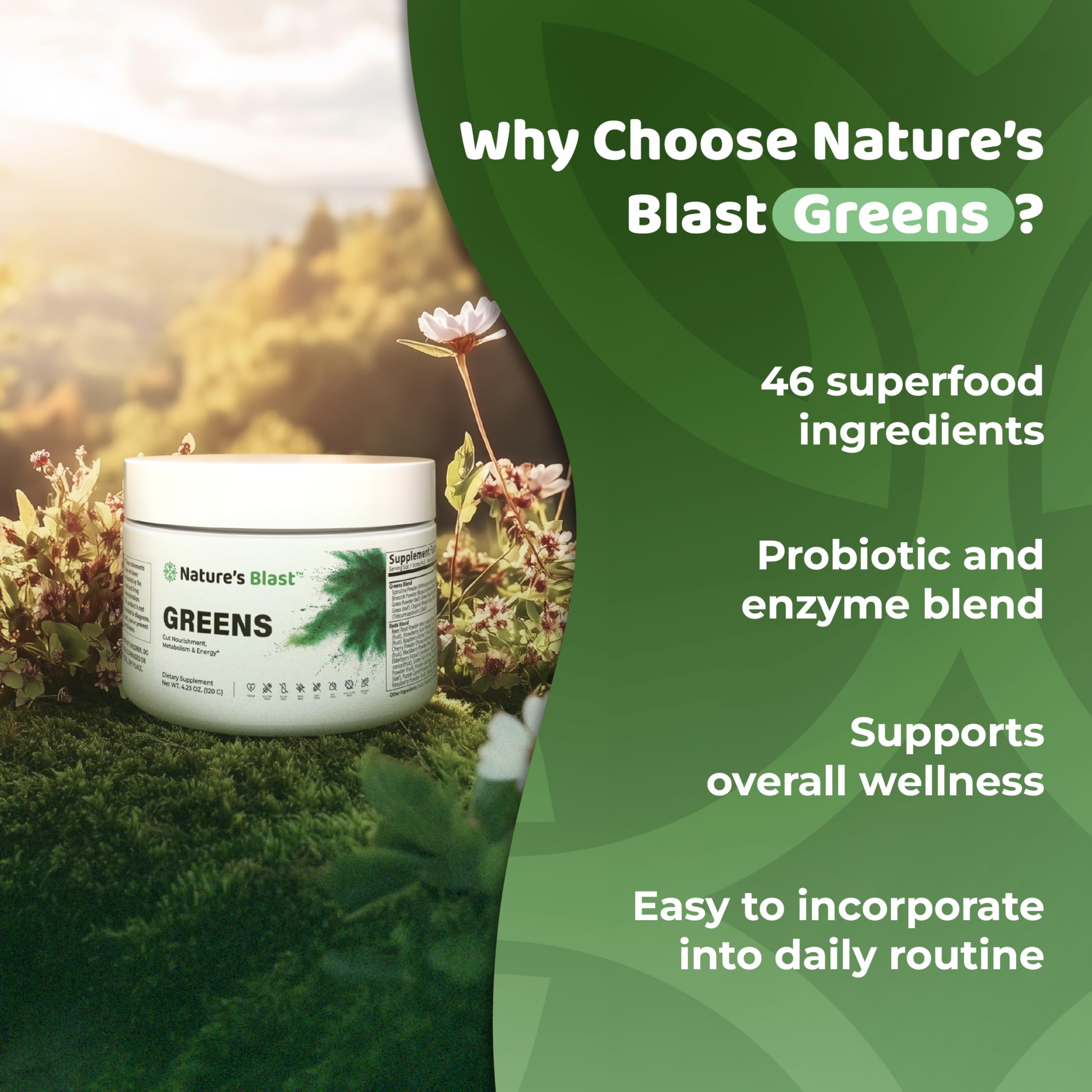 Envase de NATURES BLAST Verdes que destaca su formato práctico para digestión.