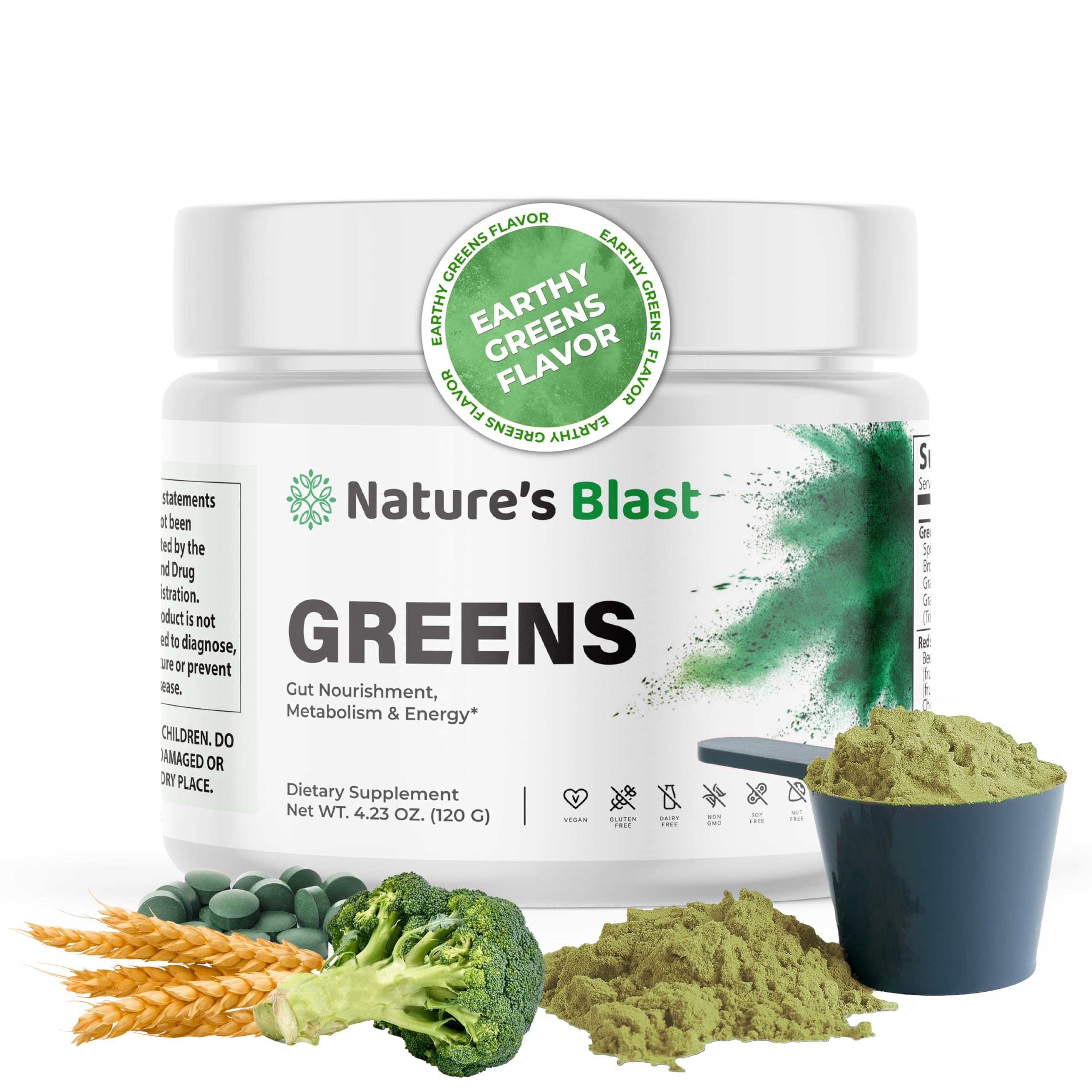 NATURES BLAST Verdes en bote mostrando la mezcla de 46 superalimentos para vitalidad diaria.