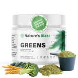 NATURES BLAST Verdes en bote mostrando la mezcla de 46 superalimentos para vitalidad diaria.