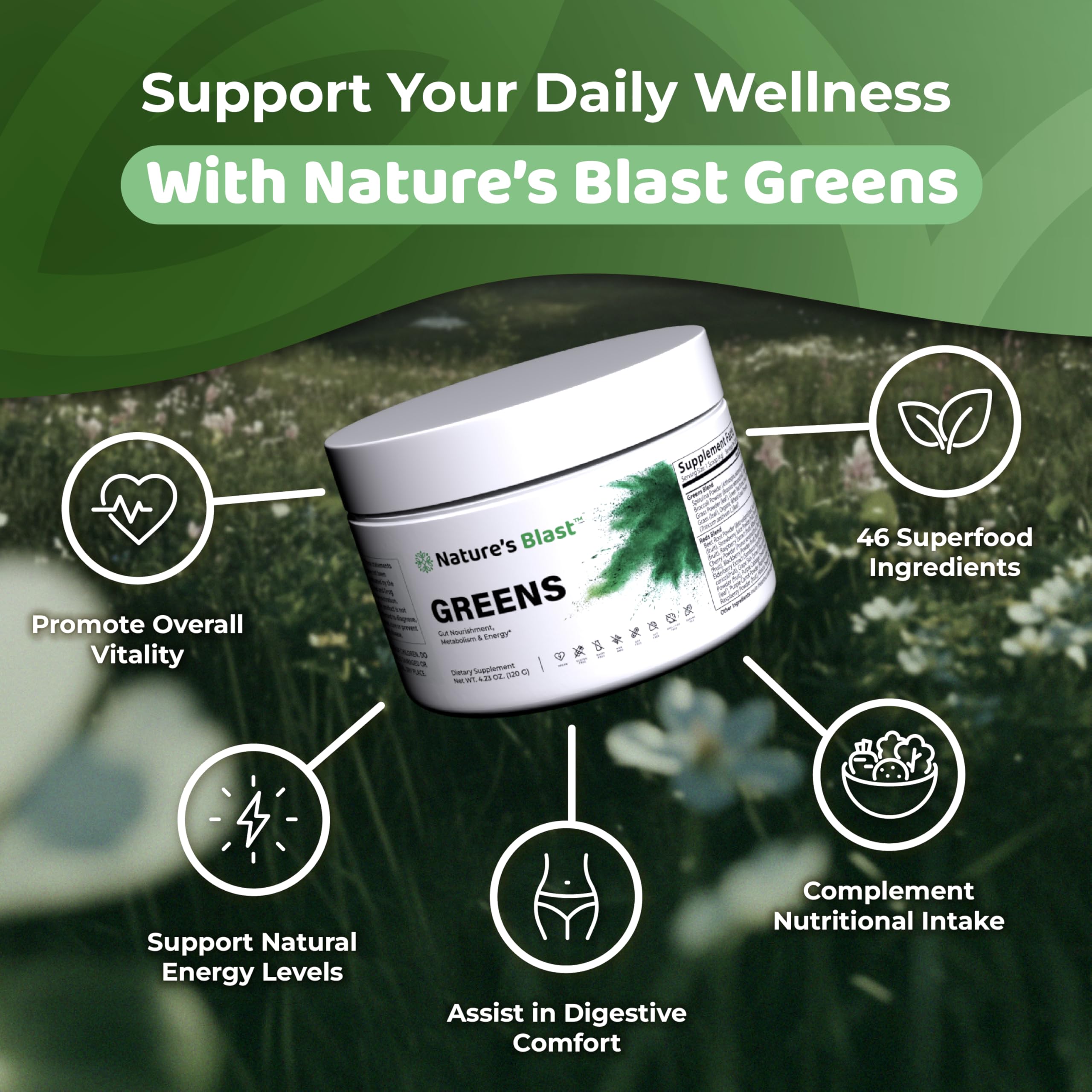 Probioticos y prebióticos de NATURES BLAST Verdes para apoyo digestivo.