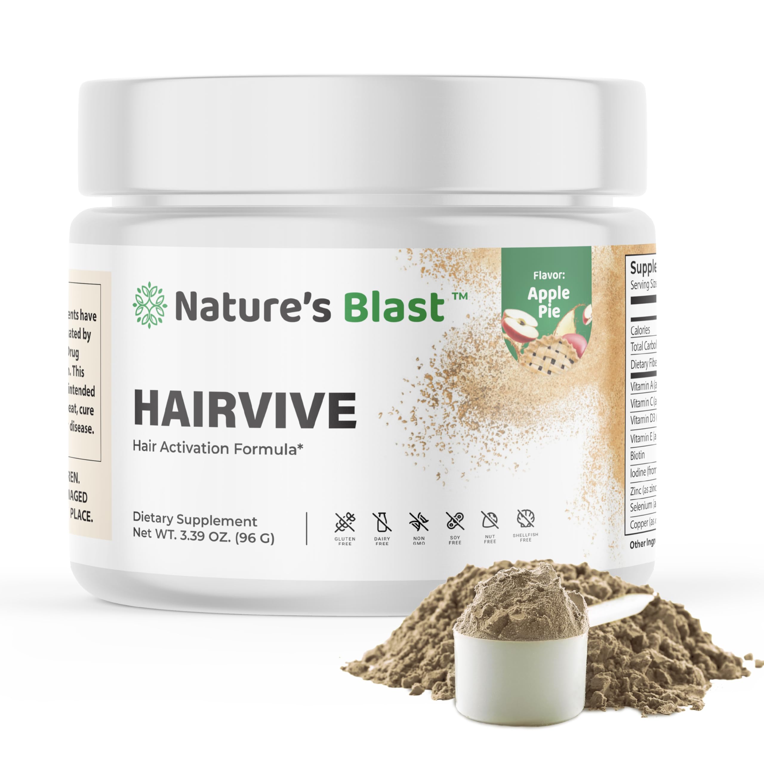 HairVive de NATURES BLAST en envase con sabor manzana-pie para apoyar el crecimiento capilar.
