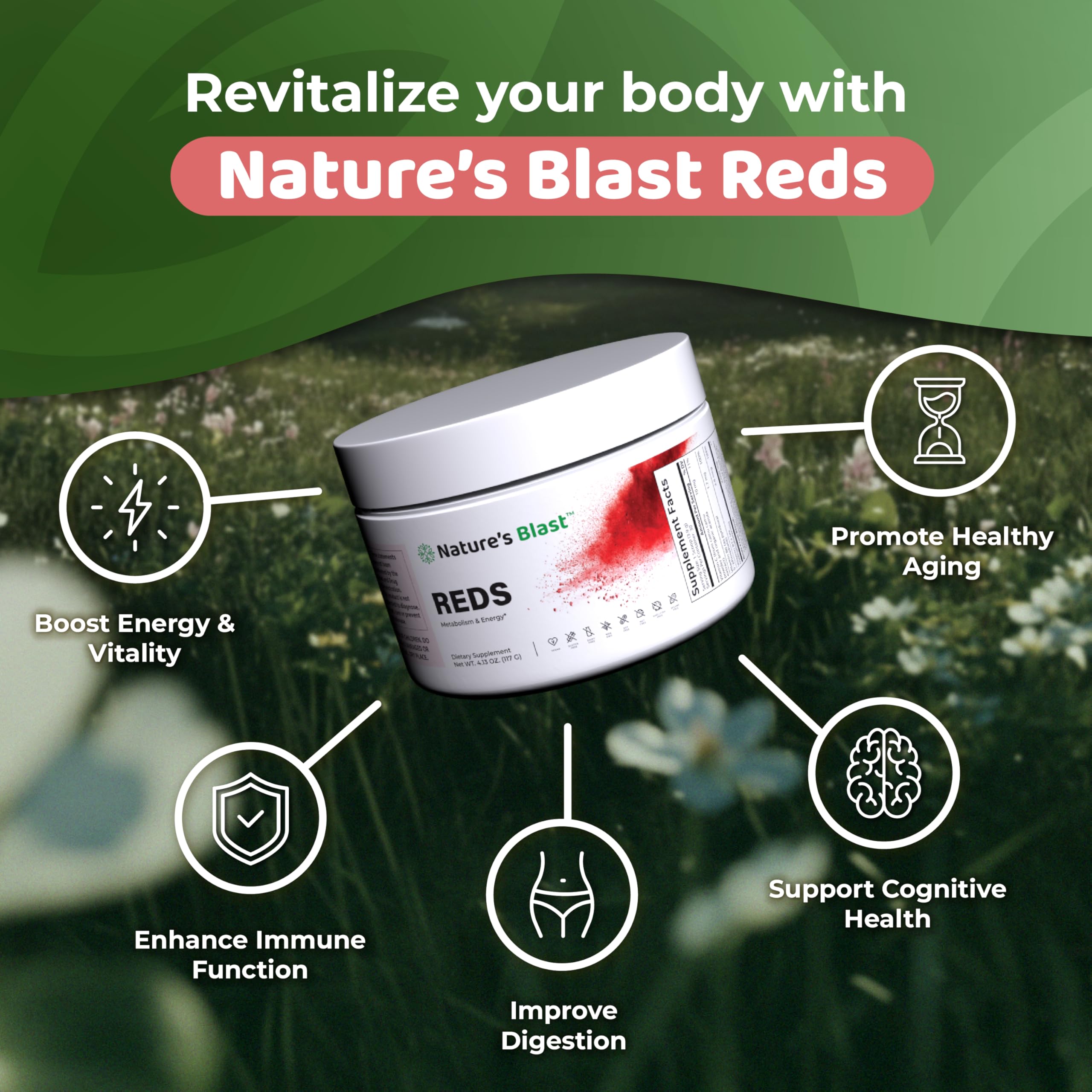NATURES BLAST Reds, cuchara medidora, dosifica porciones para energía sostenida.
