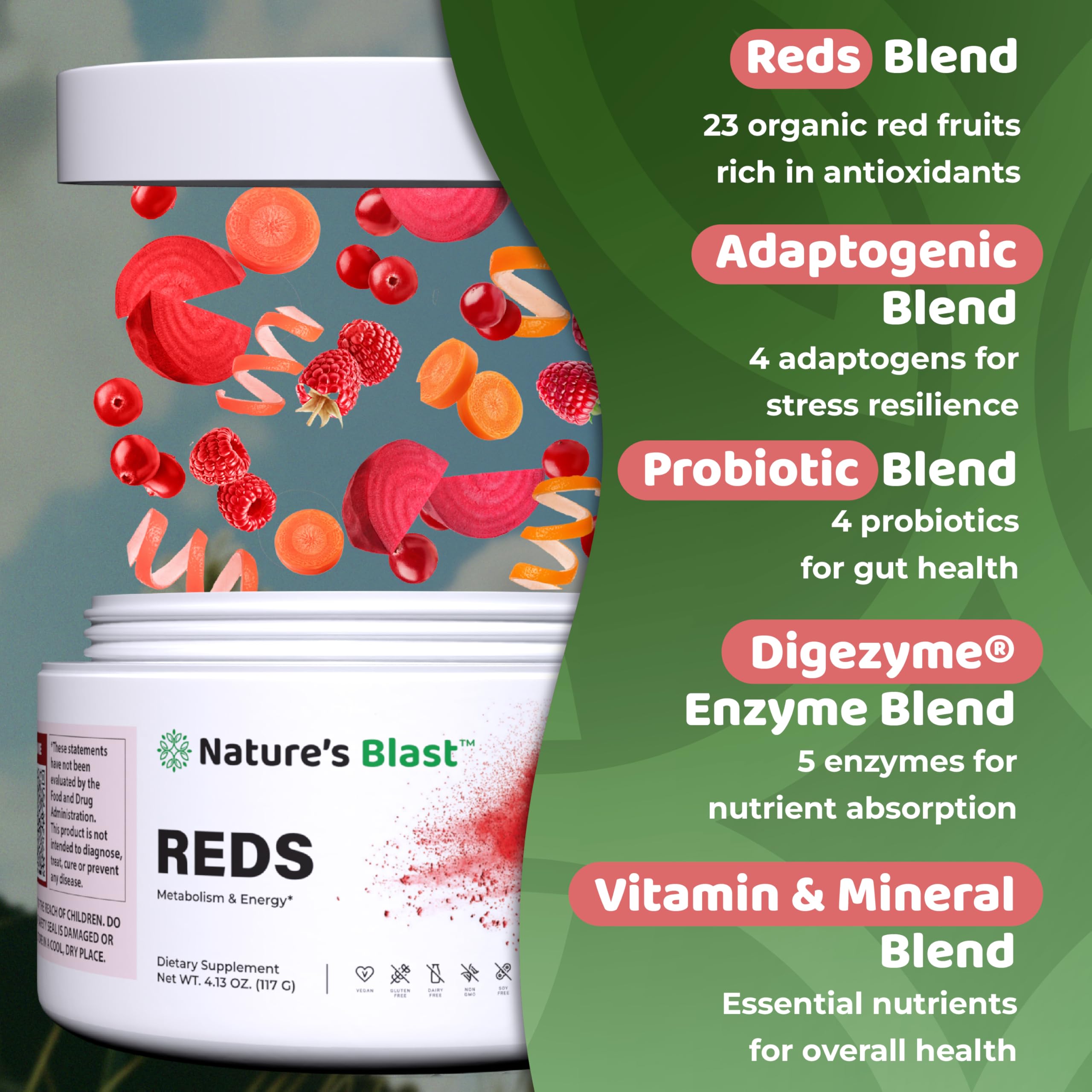 NATURES BLAST Reds, frutos rojos en primer plano, fuente de antioxidantes naturales.