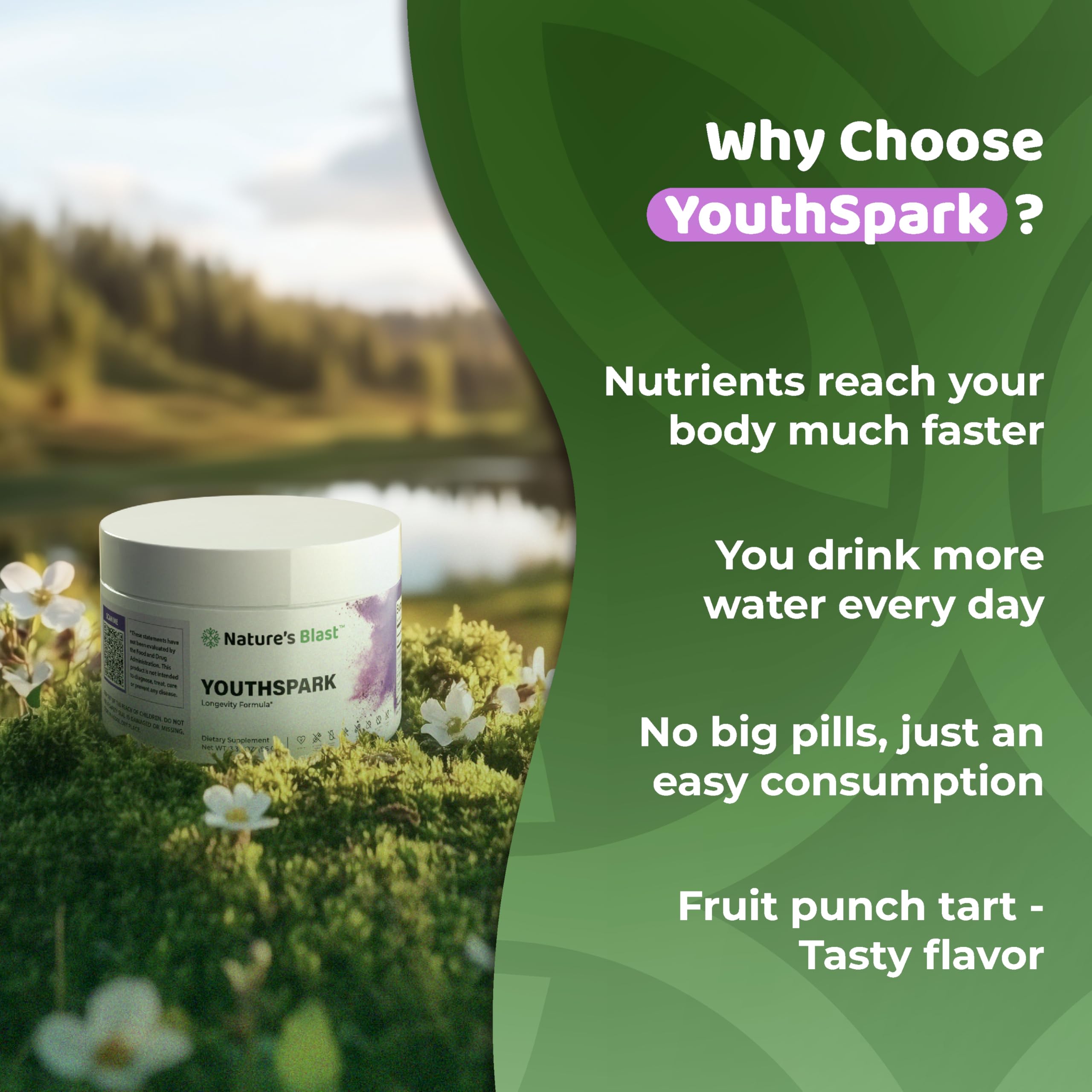 NATURES BLAST YouthSpark mezcla en vaso, color frutal y aroma agradable