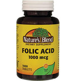 Nature's Blend ácido fólico 1000 mcg en botella, suministro diario práctico.