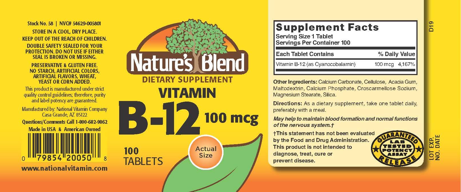 Nature's Blend B12 100 mcg: etiqueta frontal clara para la fórmula.