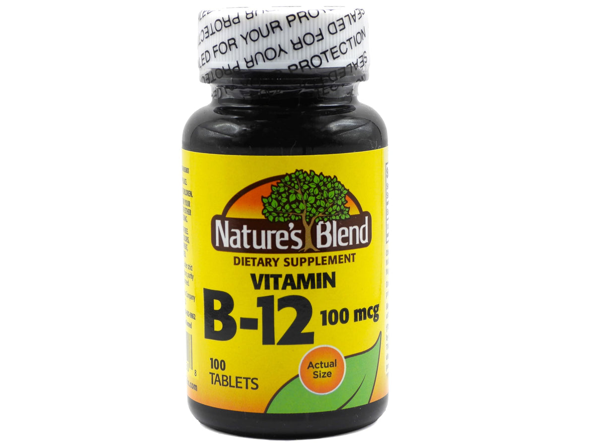 Nature's Blend B12 100 mcg: frasco de tabletas para uso diario.