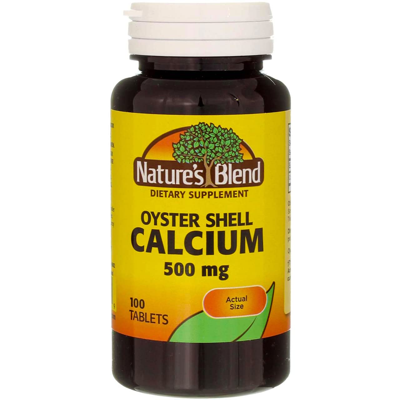 Nature's Blend etiqueta calcio 500 mg, información clara de dosis para usuarios.