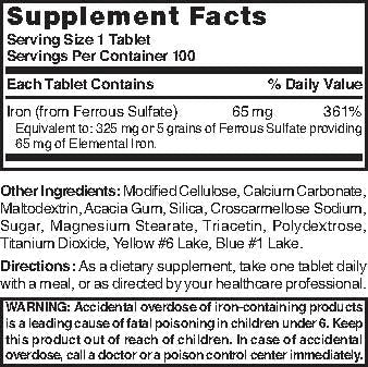 Nature's Blend sulfato ferroso 325 mg, caja con 100 tabletas para uso diario.