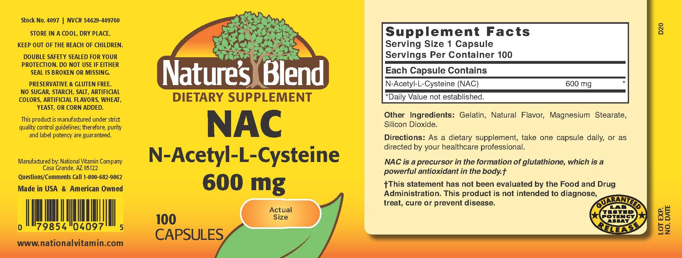 Nature's Blend NAC, etiqueta frontal, información clara sobre dosis y uso.