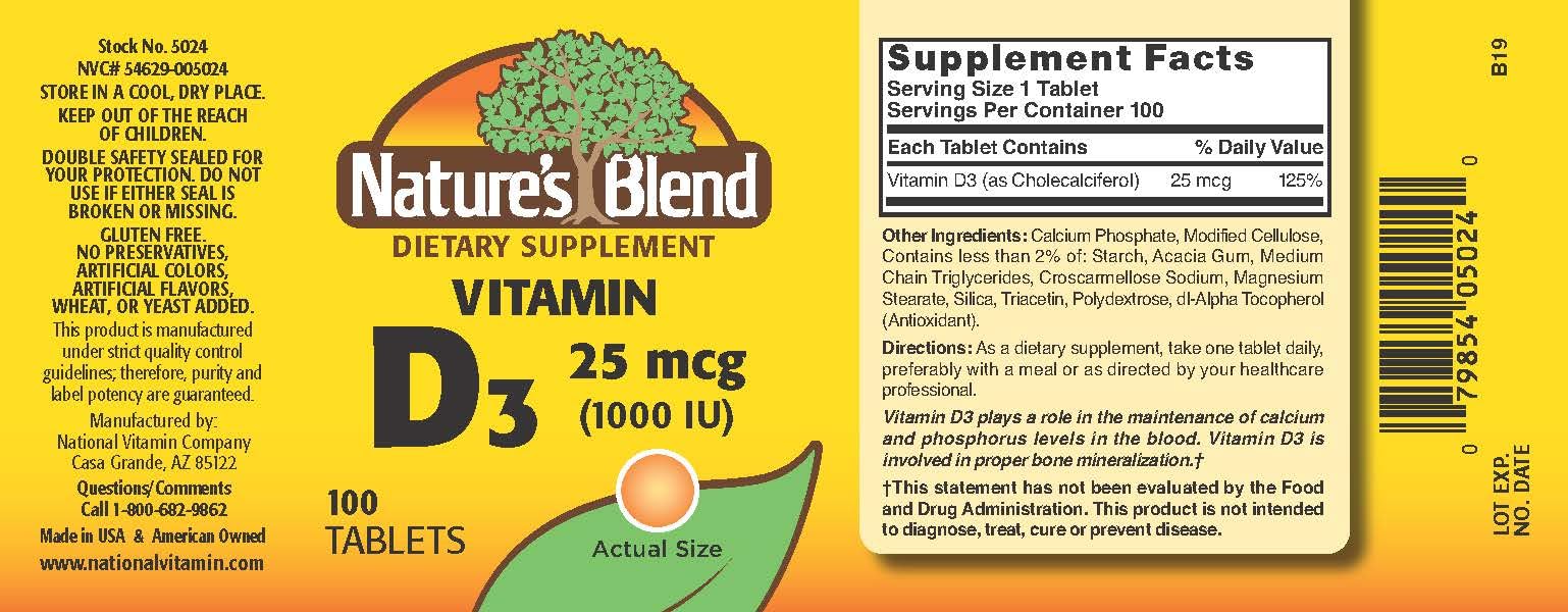 Nature's Blend NAT B VIT D3 TB 1000IU 100, tableta cercana para consumo diario