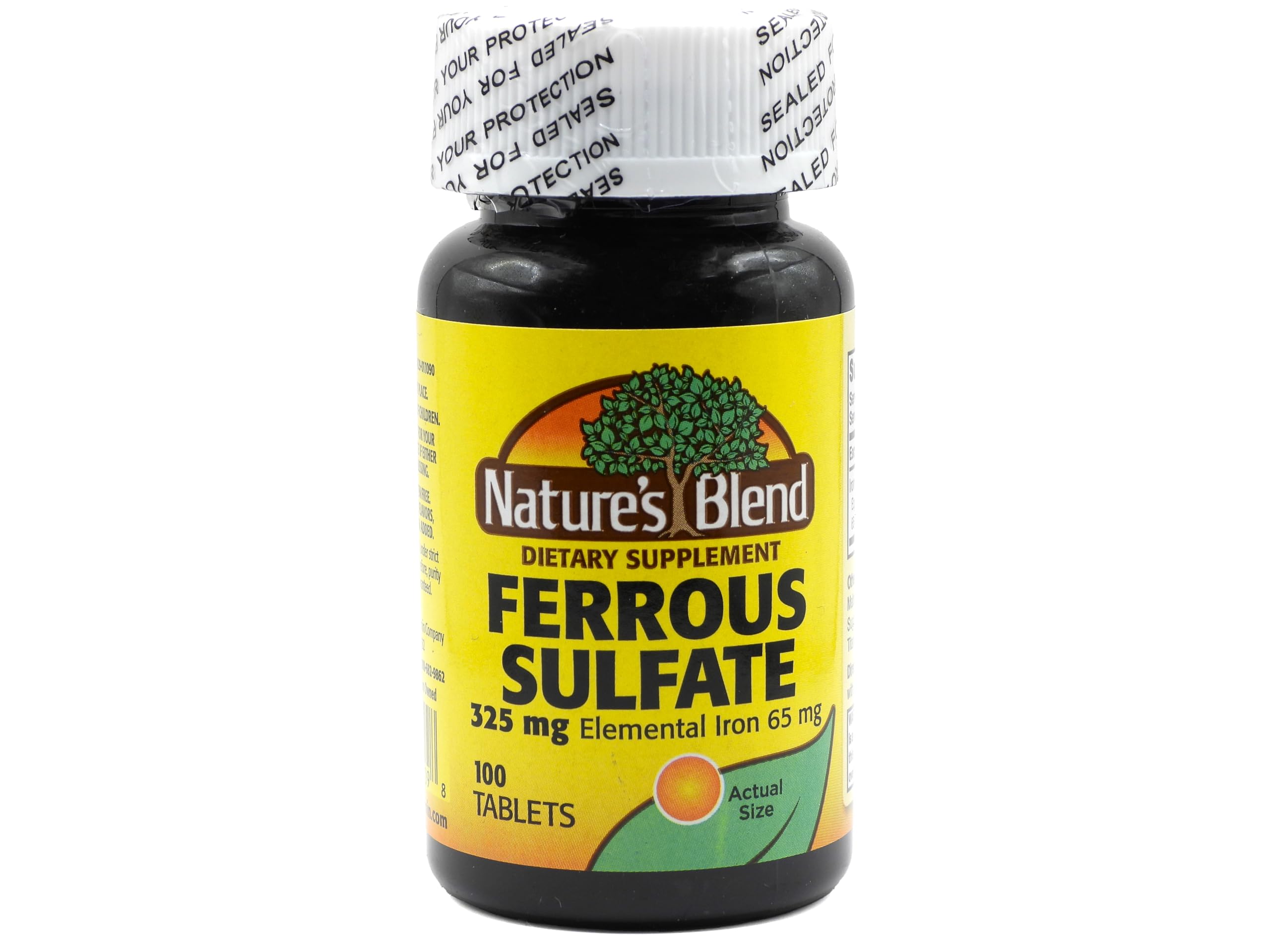 Nature's Blend sulfato ferroso 325 mg, botella de tabletas para aporte diario.