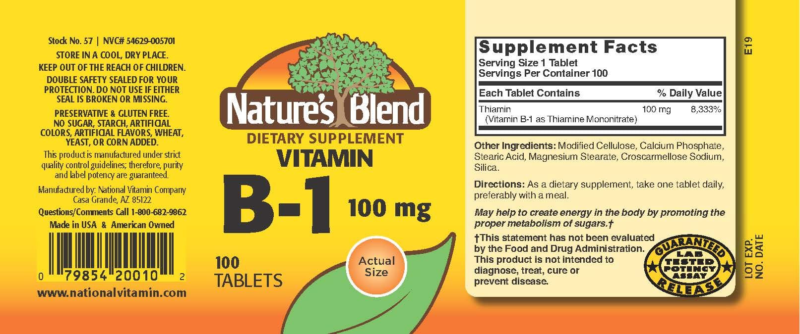 Nature's Blend Tabletas B-1 100 mg, presentación de fácil dosificación diaria