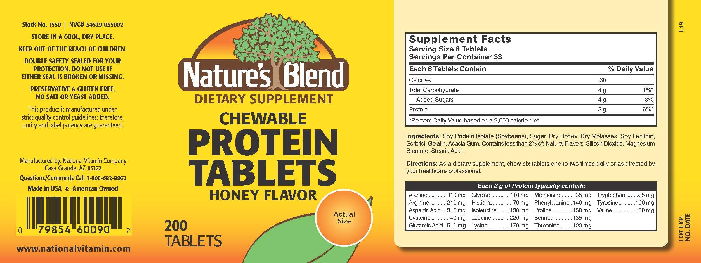 Tabletas masticables Nature's Blend, sabor miel, opción sin gluten para merienda