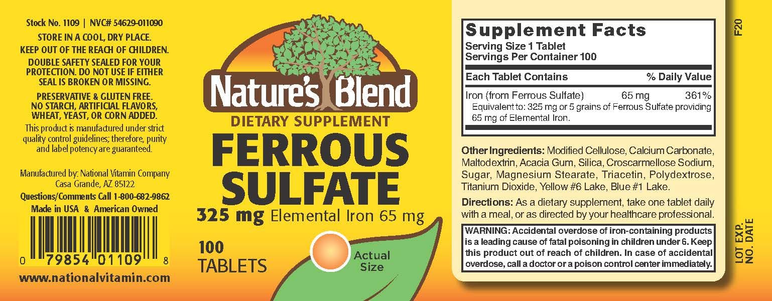 Nature's Blend tabletas de sulfato ferroso para consumo diario seguro.