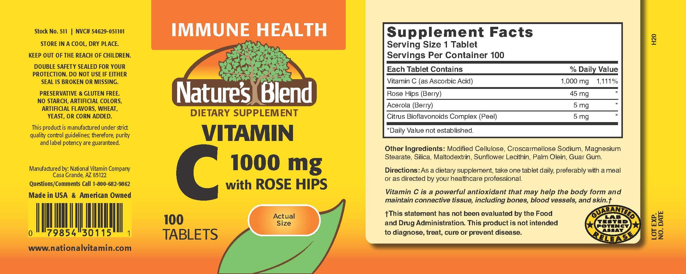 Vitamina C Nature's Blend con rosa mosqueta, etiqueta clara para información de dosis diaria.